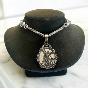 Handmade maille stainless steel necklace + st michael angel medal mirror charm